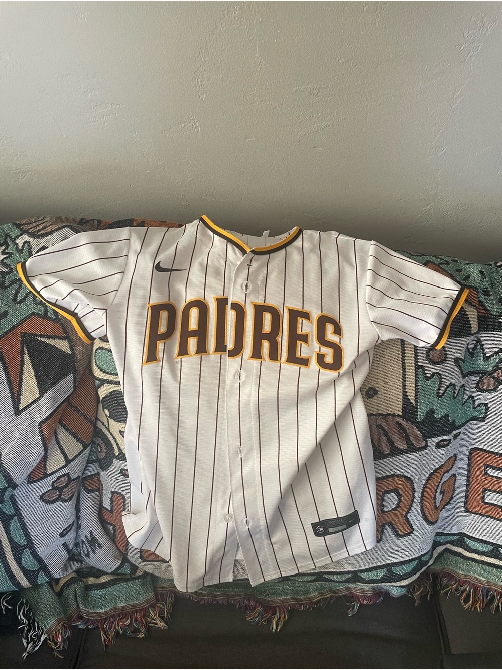 Padres Fernando Tatis Jr. White Pinstripe Jersey with Brown and Gold Trim